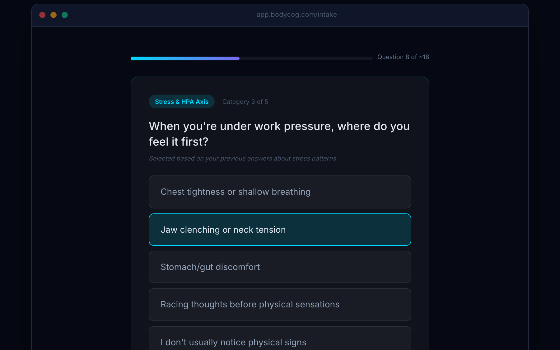 Dynamic intake quiz screen with Brain Battery forming from answers.